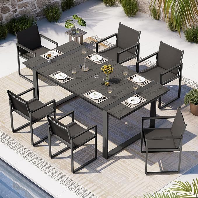 Outdoor Dining Set, Patio Table and Chairs Set, 7 Piece HDPS + Aluminum Patio Furniture Set with Umbrella Hole, Patio Dining Table Set (Charcoal)