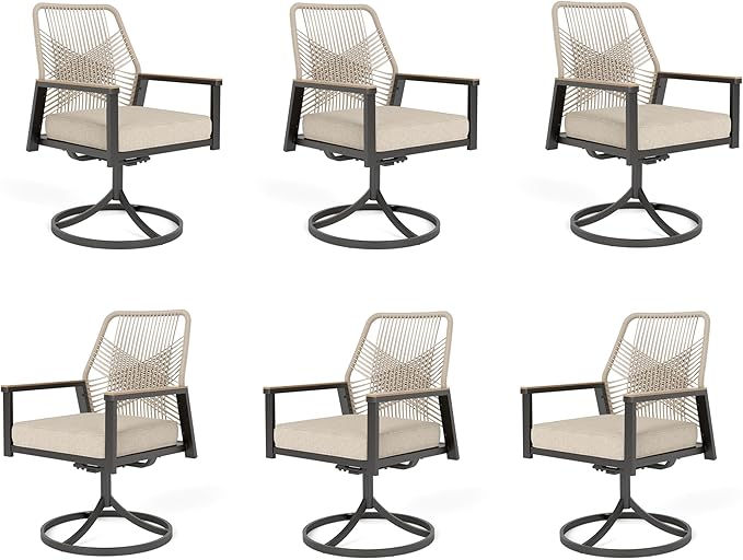 MIXPATIO Patio Wicker Swivel Chair Sets of 6, Outdoor Dining Chairs with 3.1 inch Seat Cushions, Sturdy Metal Frame & Wood Grain Armrest, Beige