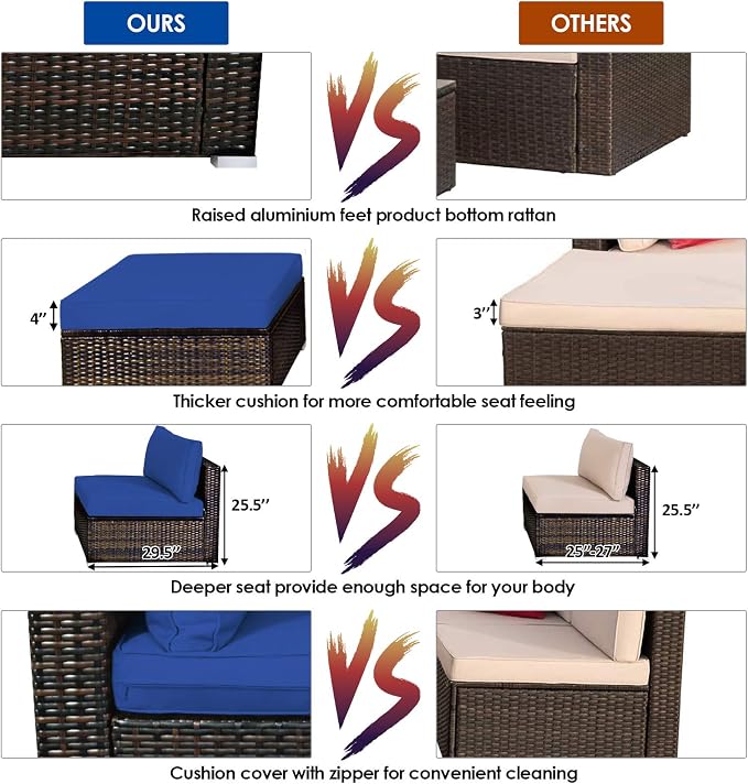 Tangkula 5 Pieces Patio Rattan Furniture Set, Outdoor Sectional Rattan Sofa Set with Back & Seat Cushions, Wicker Conversation Set with Tempered Glass Table for Backyard Porch Garden Poolside (Navy)