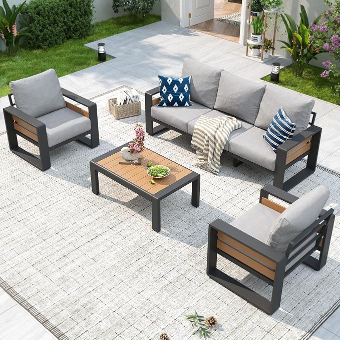 Aoxun Aluminum Patio Furniture Set, 5 Seats Luxury Outdoor Sectional with 6" Olefin Fabric Cushions, Patio Conversation Sets with Coffee Table for Backyard, Porch Light Grey