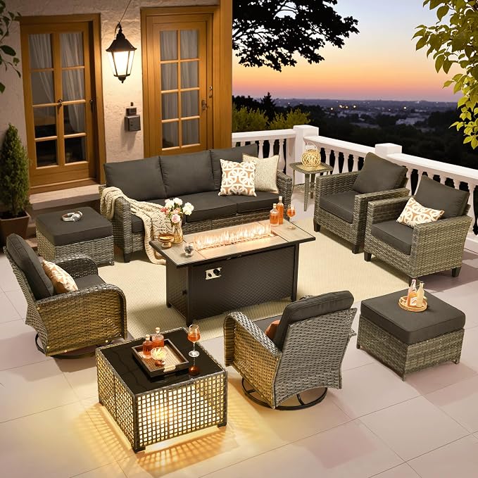 ovios 10 Pieces Patio Furniture Set, Outdoor Wicker Sofa Couch with Swivel Glider Chairs Solar Light Table Fire Pit, Modern Deep Seat Rattan Conversation Sets, Black