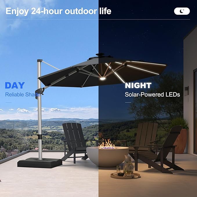 PURPLE LEAF Cantilever Umbrella with base 10ft Outdoor Round Patio Solar Powered LED Umbrella with 360-degree Rotation for Garden Deck Pool Patio, Grey
