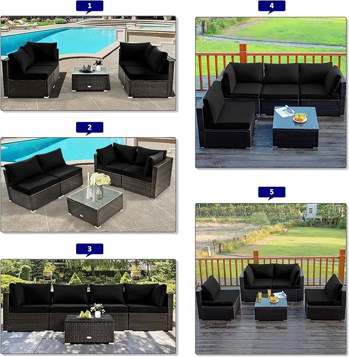 Tangkula 5 Pieces Patio Furniture Set, All Weather Wicker L-Shaped Corner Sofa Set w/Soft Cushions, Outdoor Sectional Conversation Couch Set w/Glass Table for Backyard Garden Poolside (Black)