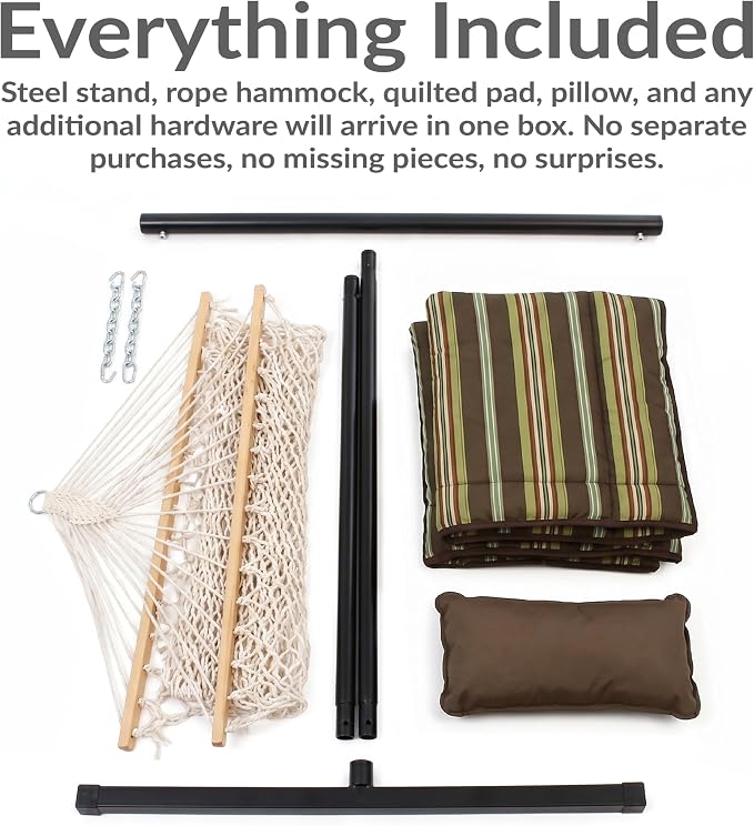 Sunnydaze Rope Double Hammock with Stand for Outside - Heavy Duty Freestanding Portable Outdoor Hammock Set with Quilted Pad, Pillow, and 12-Foot Steel Frame - 450 lb Capacity - Desert Stripe