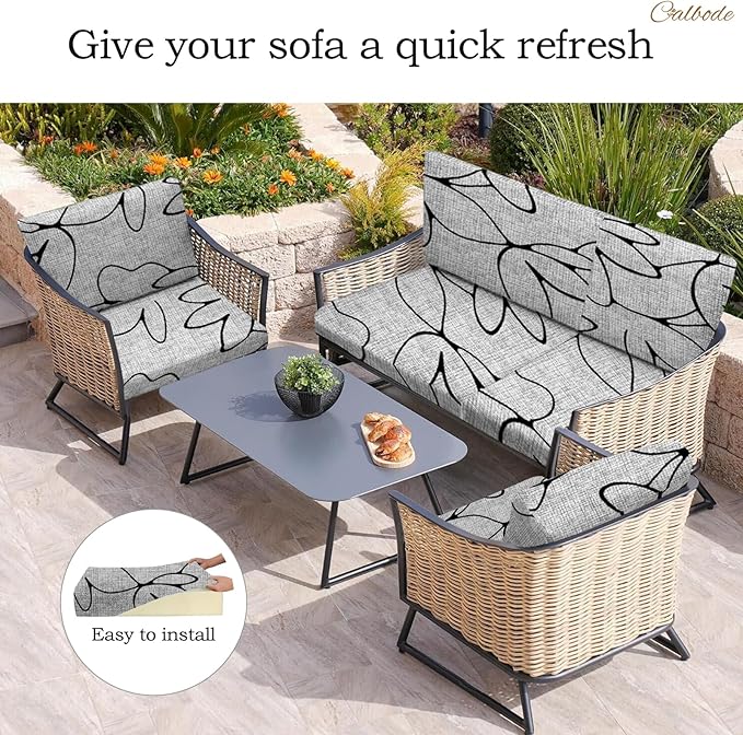CALBODE 12PCS Waterproof Patio Sofa Covers with Elastic Floral Printed Stretch Outdoor Cushion Seat Covers Set of 12 Wicker Chair Washable Replacement(Grey,Cushions Not Included)