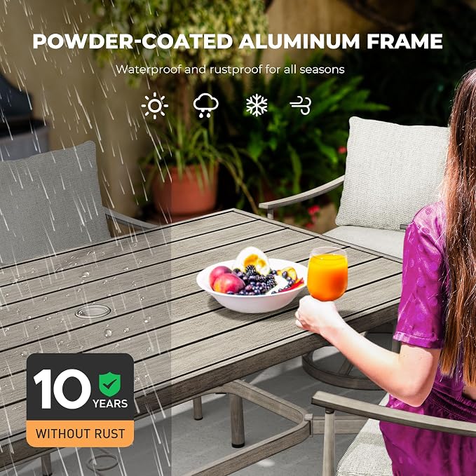 HAPPATIO 7-Piece Outdoor Dining Set for 6, Aluminum Patio Dining Set Includes 6 Swivel Dining Chairs and 1 Large Rectangular Table with Umbrella Hole, Patio Furniture Set for Lawn, Porch, Grey