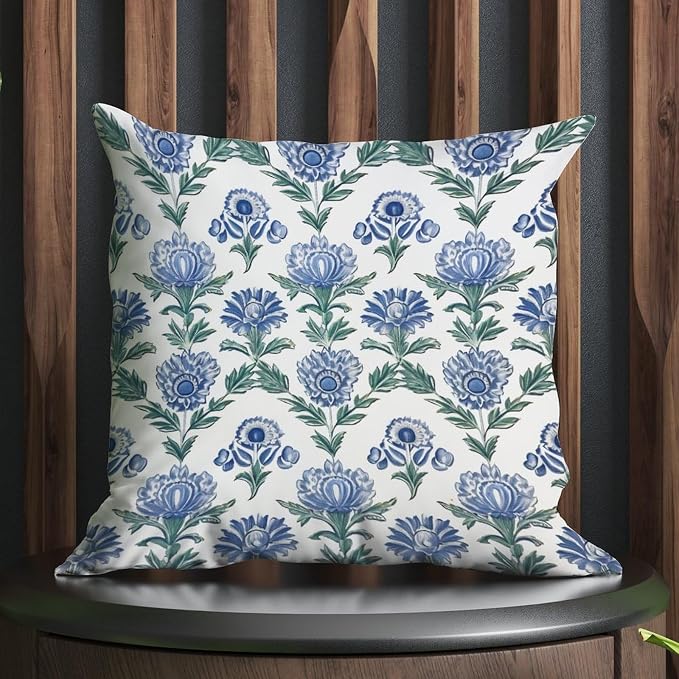 Mughal Flower Cushion Cases Blue Lotus Floral Cushion Cases 24x24 INRetro Accent Farmhouse Decor Pillow for Sofa Patio Couch