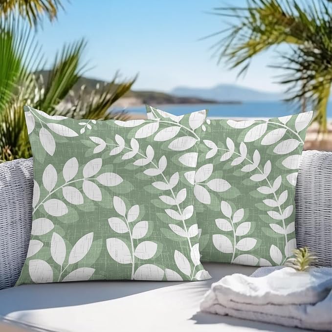 Green Leaves Outdoor Waterproof Throw Pillow Covers 16x16 Set of 2, Farmhouse Botanical Branch Vintage Boho Leaf Decorative Pillowcases Cushion Pillowcase for Couch Sofa Patio Outside Pillow Protector