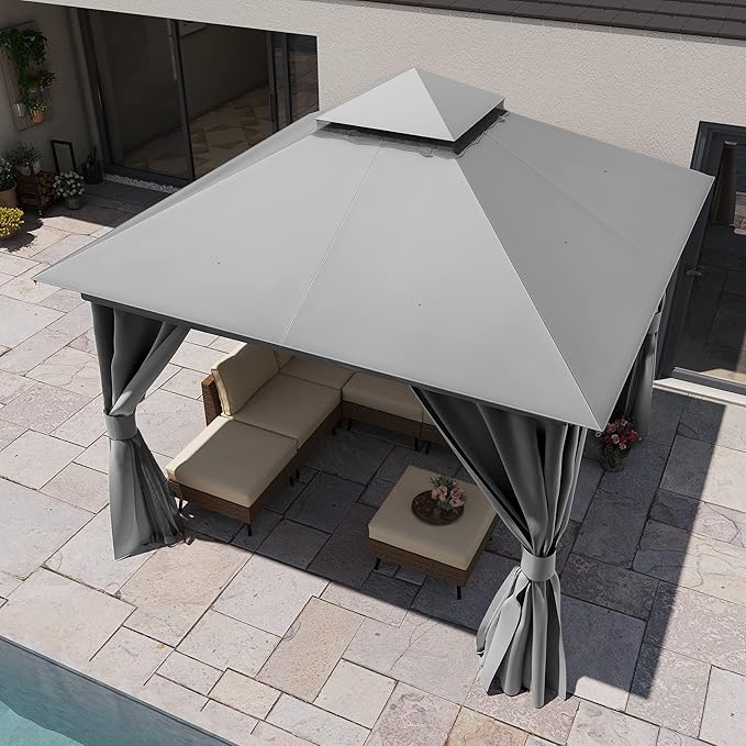 LAUSAINT HOME 10'x10' Outdoor Gazebo, Metal Frame Heavy Duty Patio Canopy Tent Shelter with Double Roofs, Mosquito Nettings and Privacy Screens for Backyard, Garden, Lawn, Gray