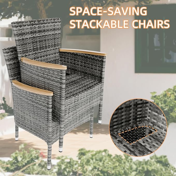 Vongrasig 7 Piece Small Patio Dining Set, Space-Saving Outdoor Wicker Furniture Conversation Set with Wood Table and Cushioned Rattan Chairs for Lawn, Garden, and Backyard (Gray)