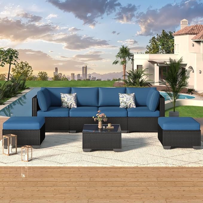 7-Piece PE Rattan Patio Furniture Set with Outdoor Wicker Sectional Sofa and Chairs with Tea Table for Backyard, Garden, Porch, or Deck Conversation Lounge(Blue)