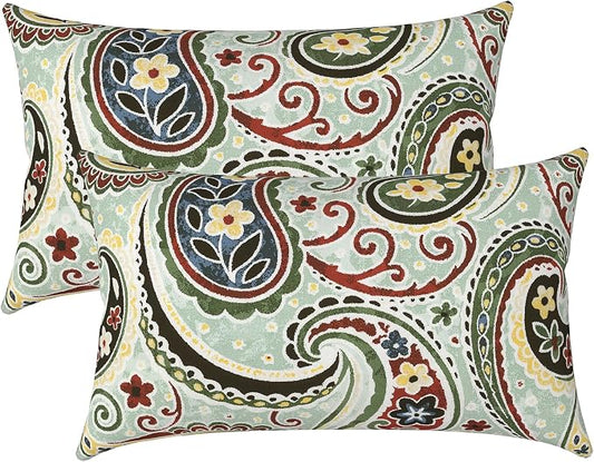 LVTXIII Outdoor Lumbar Pillow Covers Only Set of 2 Patio Decorative Pillow Cases, Water Repellent Lumbar Cushion Cases for Sofa, Patio Couch Garden Use, 12x20 Inch, Paisley Lightcyan