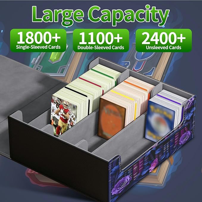 Large Card Deck Box for MTG, Fits 1200+ Sleeved Cards, PU Leather Storage Case with Strong Magnetic Closure, Multiple Colors for TCG CCG Baseball Card Collections, Purple Flower Books