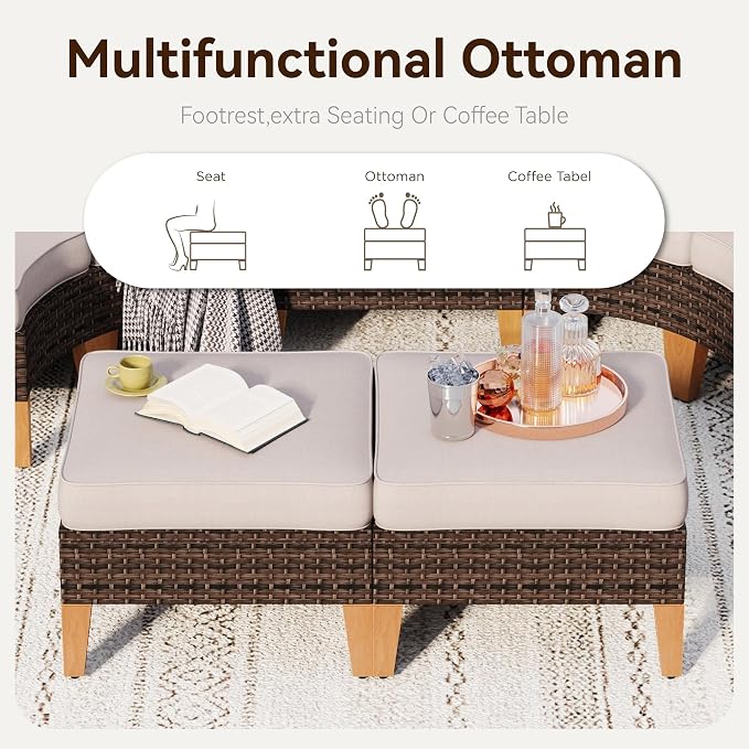 GREEN PARTY 8 Pieces Wicker Patio Furniture Set with 56" Fire Pit Table, All-Weather Outdoor Rattan Patio Half-Moon Curved Sectional Sofa Conversation Set for Garden, Backyard