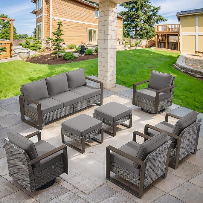 Belord Modern Outdoor Patio Furniture 7 - Person Outdoor Swivel Glider Seating Group, Backyard Wicker Furniture Set with Aluminum Armrests, Grey Wicker Grey Cushion