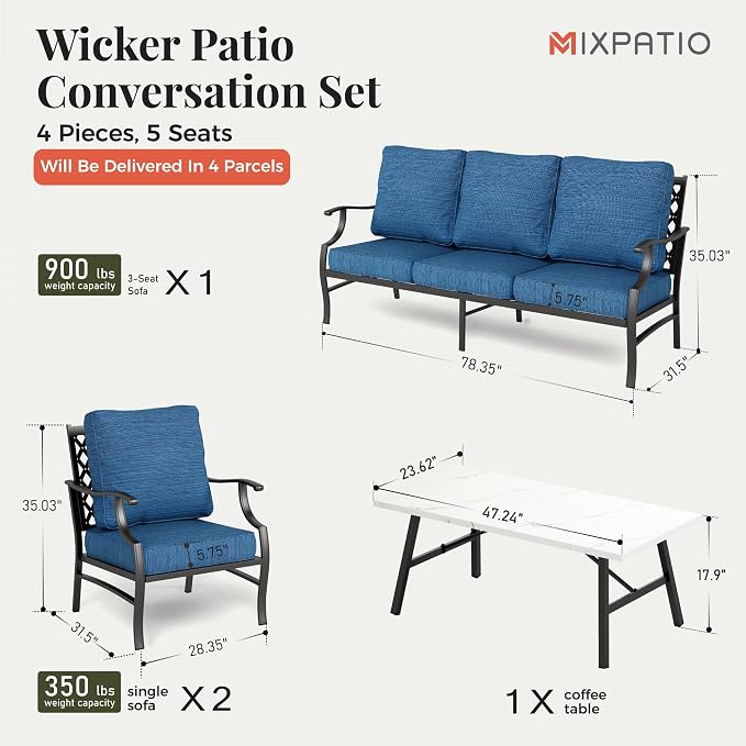 MIXPATIO Patio Furniture Set 4 pcs, Metal Outdoor Patio Furniture, 3-Seat Sofa, 2 Single Chairs, Coffee Table and 5.75" Extra Thick Cushion, Conversation Set for Backyard Deck, Gemstone Blue