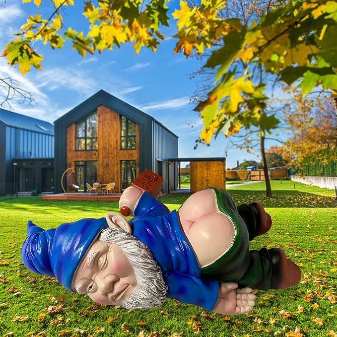 MINICAR Funny Drunk Garden Gnome Statue 9.5 Inch - Indoor Home Office Figurine Decor Outdoor Yard Lawn Patio Sculpture Decoration, Naughty Gifts for Women Men, Blue