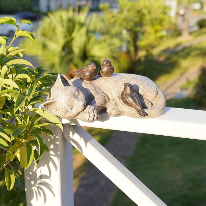 Sleeping Cat Garden Statues Outdoor - 12" Sparrows On Cat Figurine Memorial Statue Grave Markers Garden Resin Statues for Outdoor Decor Outdoor Statue Resin 12" x 8" x 4.5"