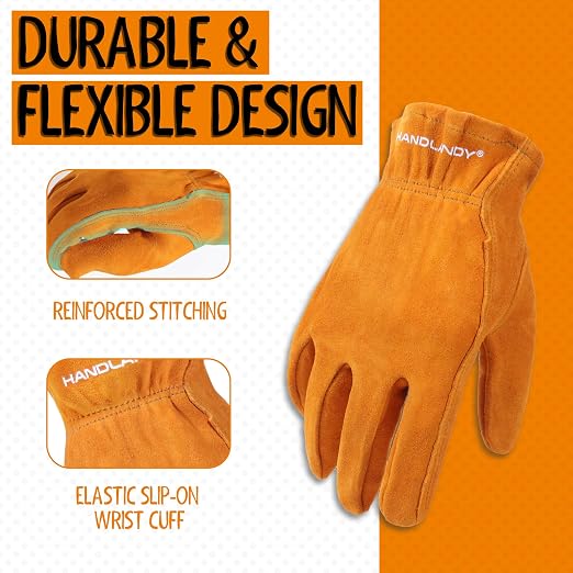 HANDLANDY Kids Leather Gardening Gloves, Kid Work Gloves, Orange, M | Durable Soft Breathable Yard Work Cycling Outdoor Playing Glove for Age 2-9, for Children, Boys, Girls, Toddlers, Great Gift