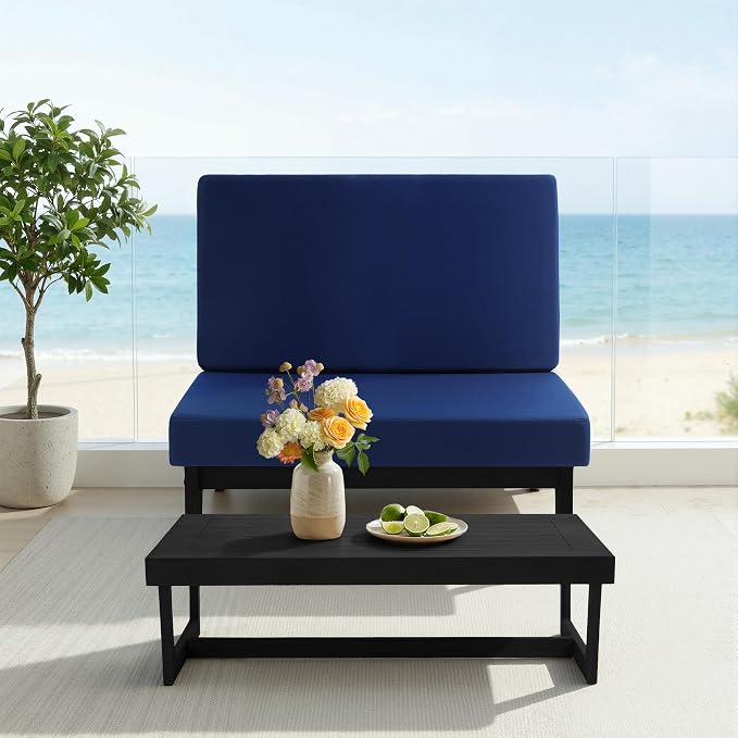 6 Piece Teak Outdoor Patio Frutnire Set, 7 Seater Patio Conversation Sets with Thick Cushions, Outdoor Sectional Furniture with Coffee Table - Navy Blue