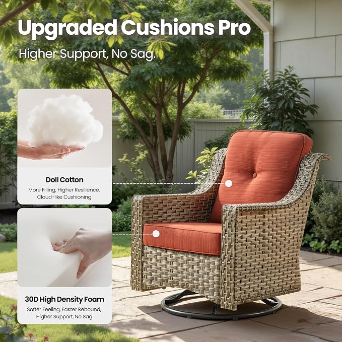 3 Piece Patio Furniture Set, Outdoor High Back Swivel Rocker Chairs Set of 2 with Side Table, All Weather Wicker Glider Chair with Thick Cushions for Backyard Balcony Porch, Orange