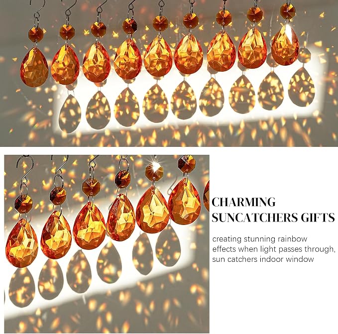 10 Pcs Amber Crystal Bauhinia Suncatcher Prisms Chandelier Window Decor | Amber Crystal Bauhinia Suncatcher Pendants 3 Inch Chandelier Beads Hanging Sun Catcher for Window Garden Wedding Decor