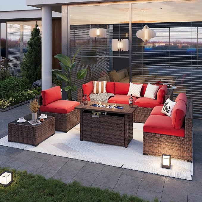 Aoxun Patio Furniture Sets, 8-Piece Outdoor Patio Furniture with 44'' Propane Gas Firepit Table, Wicker Outdoor Conversation Set Sectional Sofa for Backyard, Poolside, Garden