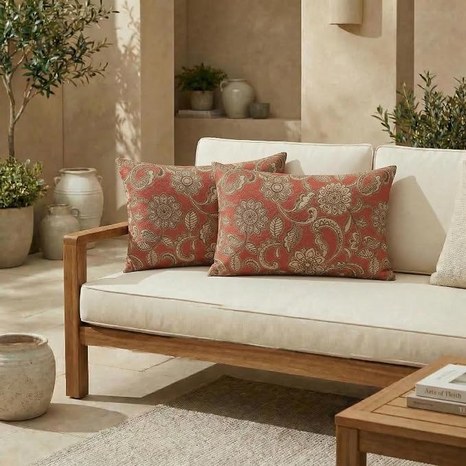 RSH DECOR: Outdura Jumbo Lumbar Pillows Set of 2 | 26" x 16" | Water and Fade-Resistant Performance Fabric | Outdoor Pillow Covers with Down-Alternative Inserts | Made in USA (Veranda Crimson)