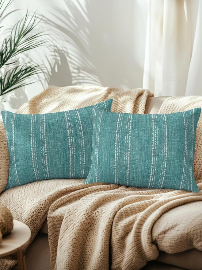 Waterproof Outdoor Pillow Set of 2 Teal Linen Stripes Decorative Throw Pillows Cover & Insert 20x12 Inch Lumbar Pillowcase Parallel Vertical Lines Pillows for Couch Sofa Bed Patio Furniture