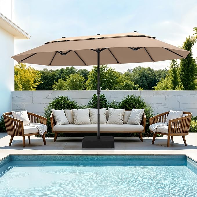 PHI VILLA 15ft Large Patio Umbrellas with Base Included, 2-Tier Outdoor Double-Sided Rectangle Market Umbrella with Stand, Outside Umbrellas for Poolside Lawn Backyard, Beige&Tan