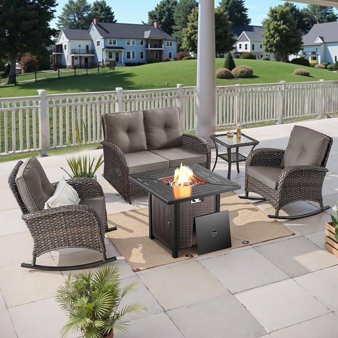 Belord 5 Pieces Patio Furniture Set with 50000 BTU Propane Fire Pit Table, All-Weather Patio Rocking Chairs, Loveseat Glider and Side Table for Outdoor Conversation Deck Poolside Backyard Grey