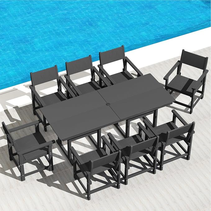 9-Piece HDPE Outdoor Dining Set, Weatherproof Patio Table and Chairs Set for 8, Includes 82.7'' Dining Table and 6 Armchairs, with Umbrella Hole (Black)