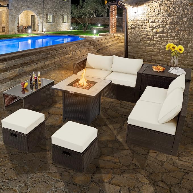 COSTWAY 9 Piece Patio Furniture Set with 30'' Fire Pit Table, Outdoor Wicker Rattan Sectional Sofa Set with 4'' Thickened Cushions, 2 Coffee Tables and 2 Ottomans for Poolside Backyard (Off White)