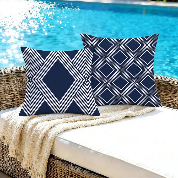 NIGHTWISH Outdoor Waterproof Pillow Covers 18x18 Set of 4 Navy Blue and White Modern Geometry Decorative Outdoor Throw Pillows Boho Cushion Cases for Patio Furniture Bench Couch Sunbrella