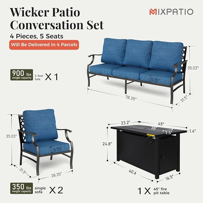 MIXPATIO Patio Furniture Set, 4 Pcs Metal Outdoor Conversation Set, 2 Single Chairs and 3 Seater Sofa with 5.75" Extra Thick Cushion and Gas Fire Pit Table for Backyard Deck, Gemstone Blue