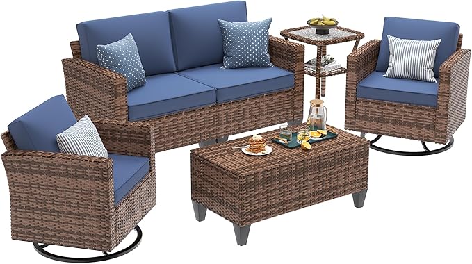 UDPATIO Patio Furniture Set, 5 Pieces Outdoor Wicker Furniture Set with Swivel Rocking Chairs Storage Table and Waterproof Covers for Backyard, Deck, Porch, Navy