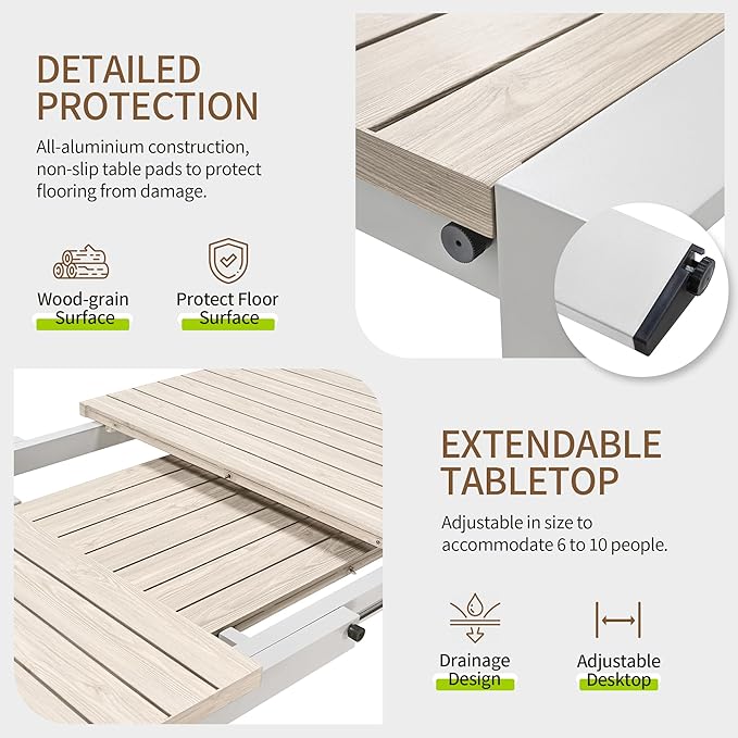 Outdoor Dining Table, Extendable Patio Dining Table for 6-10 People, Aluminum Frame with Wood-Grain Surface Drainage Design, All-Weather Expandable Dining Furniture Set for Garden Lawn Patio