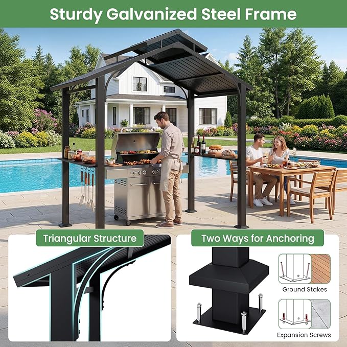 Jocoveol 8 x 5FT Hardtop Grill Gazebo, Outdoor BBQ Gazebo w/Galvanized Steel Double Roof, Metal Grill Canopy w/2 Side Shelves & Hooks, Barbeque Shelter Canopy w/Ceiling Hook for Patio Backyard Garden