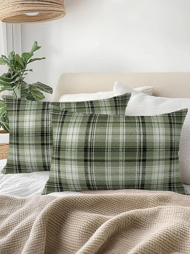 Waterproof Outdoor Pillow Set of 2 Green Checked Plaid Decorative Throw Pillows Cover & Insert 20x12 Inch Lumbar Pillowcase Stripes Woven Grid Pillows for Couch Sofa Bed Patio Furniture Indoor Outdoor