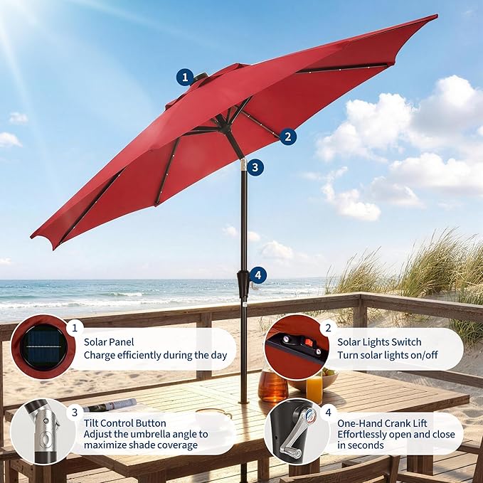Garvee 10FT Patio Umbrella with 32 Solar LED Lights, Outdoor Table Market Umbrella with Tilt and Crank, 8 Sturdy Iron Ribs Sun Shade for Garden, Deck, Backyard and Pool, Red