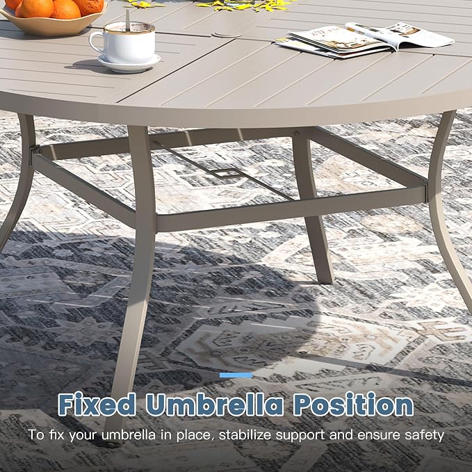 DIFY 9 Piece Outdoor Dining Set for 8, 59.8" Round Metal Dining Table with Umbrella Hole and Swivel Patio Chairs with Textilene Fabric, Patio Table and Chairs Set for Garden Backyard Deck, Sandshell