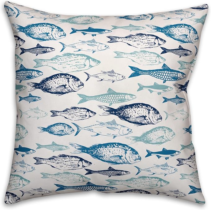 School of Blue Fish Indoor/Outdoor Pillow | Decorative Pillows for Living Room Couch Bed Sofa Patio, Fluffy Soft Cushion | Water Resistant Blue, 18x18