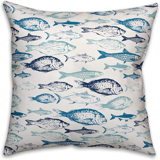 School of Blue Fish Indoor/Outdoor Pillow | Decorative Pillows for Living Room Couch Bed Sofa Patio, Fluffy Soft Cushion | Water Resistant Blue, 18x18