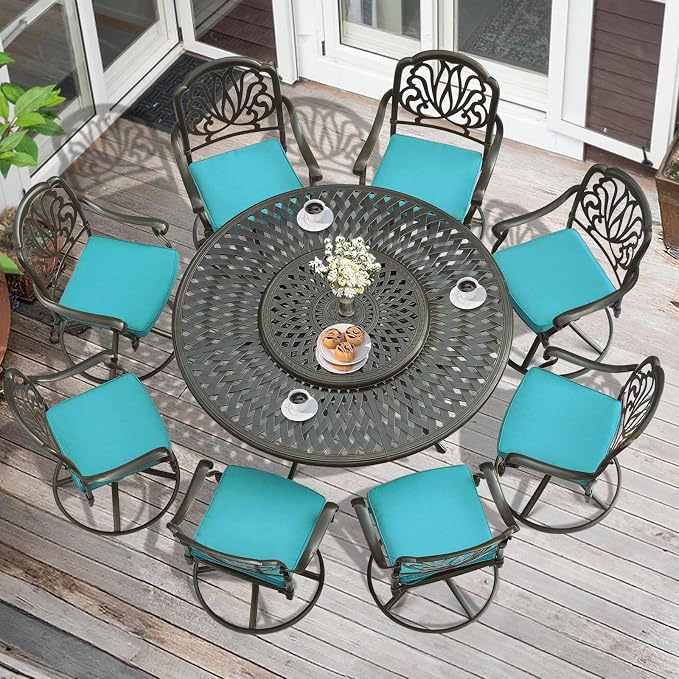 MEETWARM 9-Piece Outdoor Patio Dining Set, All-Weather Cast Aluminum Patio Conversation Set- 8 Cushioned Swivel Rocker, 61" Round Patio Dining Table w/Detachable Lazy Susan/Umbrella Hole, Ocean Blue