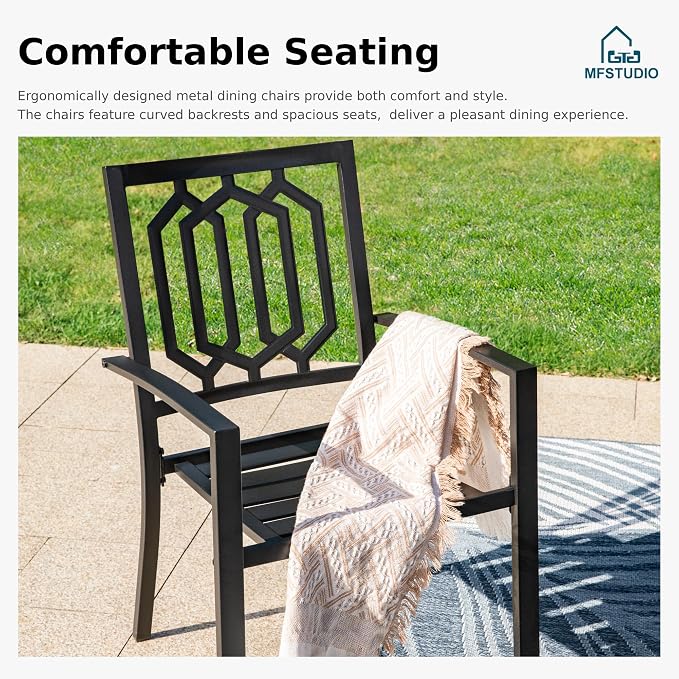MFSTUDIO Patio Table and Chairs Set, Outdoor Dining Set for 6 with Umbrella Hole, 7 Piece Metal Patio Dining Set for Deck, Backyard, Poolside & Garden