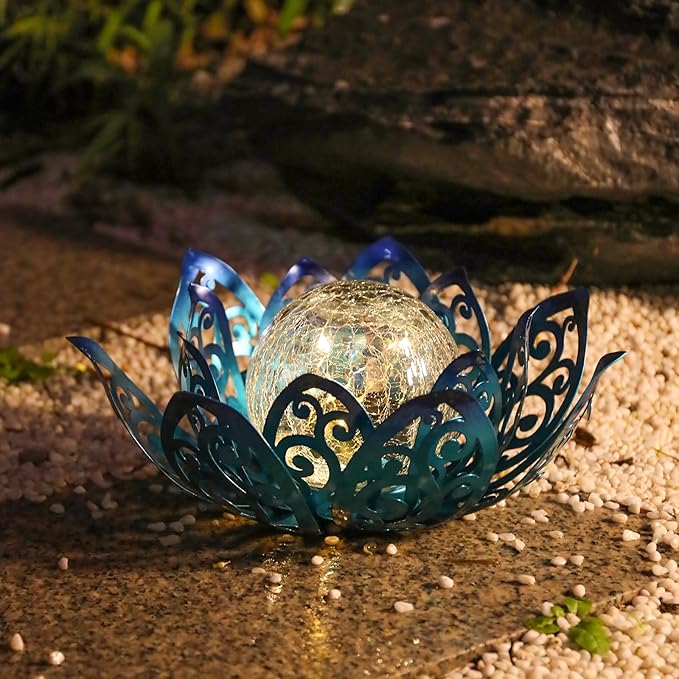 Afirst Solar Lights Outdoor, Lotus Lamp Metal Glass Crackle Solar Lantern Valentine's Day Gift Decorative Waterproof Landscape Path Light for Patio,Lawn,Walkway,Tabletop,Pathway Garden Decor