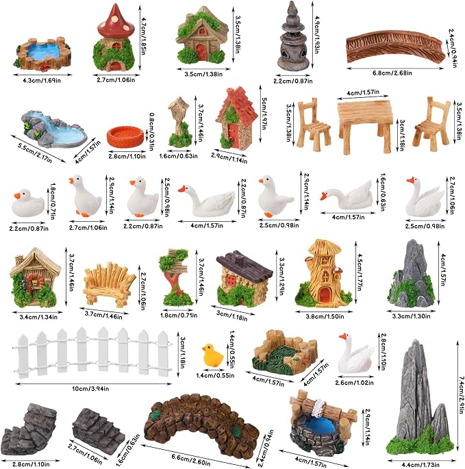 35 Pcs Fairy Garden Accessories Miniatures Garden Kit with Resin Duck, Mushroom House & Bridge Miniature Accessories for Terrarium, Dollhouse & Outdoor Decor