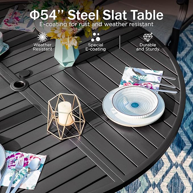 PHI VILLA 7 PCS Patio Dining Table and Chairs,Round Metal Dining Table with 6 Dining Chairs,Sling Fabric and Metal Frame,Outdoor Dining Set for Yard Garden