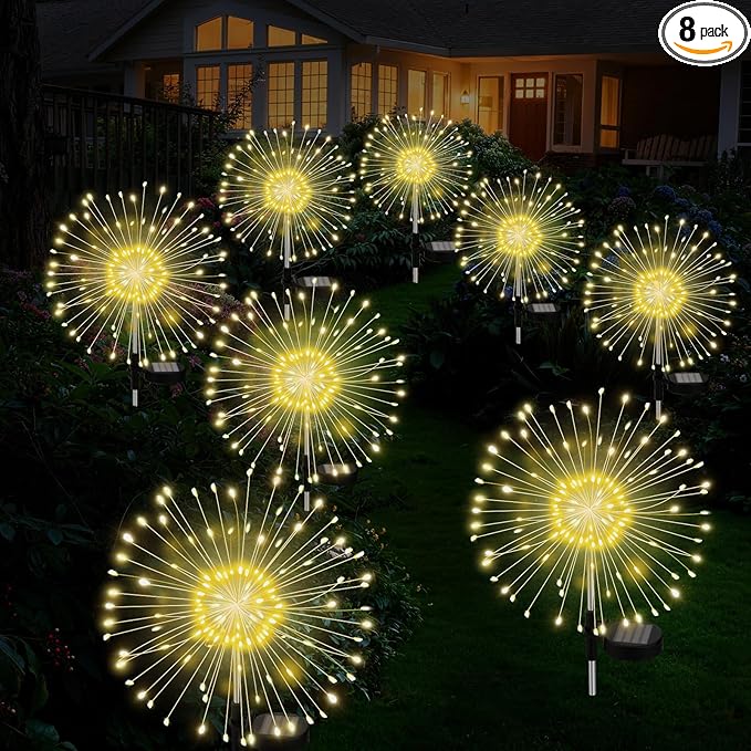Solar Outdoor Lights Outdoor Waterproof 200 LED Firework Light Solar Powered Sparkles Landscape Fairy Light Outside Decorations Lights for Yard Patio Pathway Lawn Party Decoration, 8 Pack