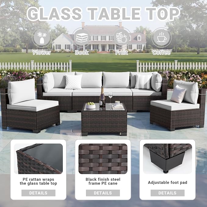 LEVELEVE 7-Piece Outdoor Patio Furniture Sets, Manual Weaving Rattan Conversation Sectional Sofa with Tempered Glass Coffee Table, All-Weather PE Wicker & Thick Cushions for Garden, Backyard, Porch